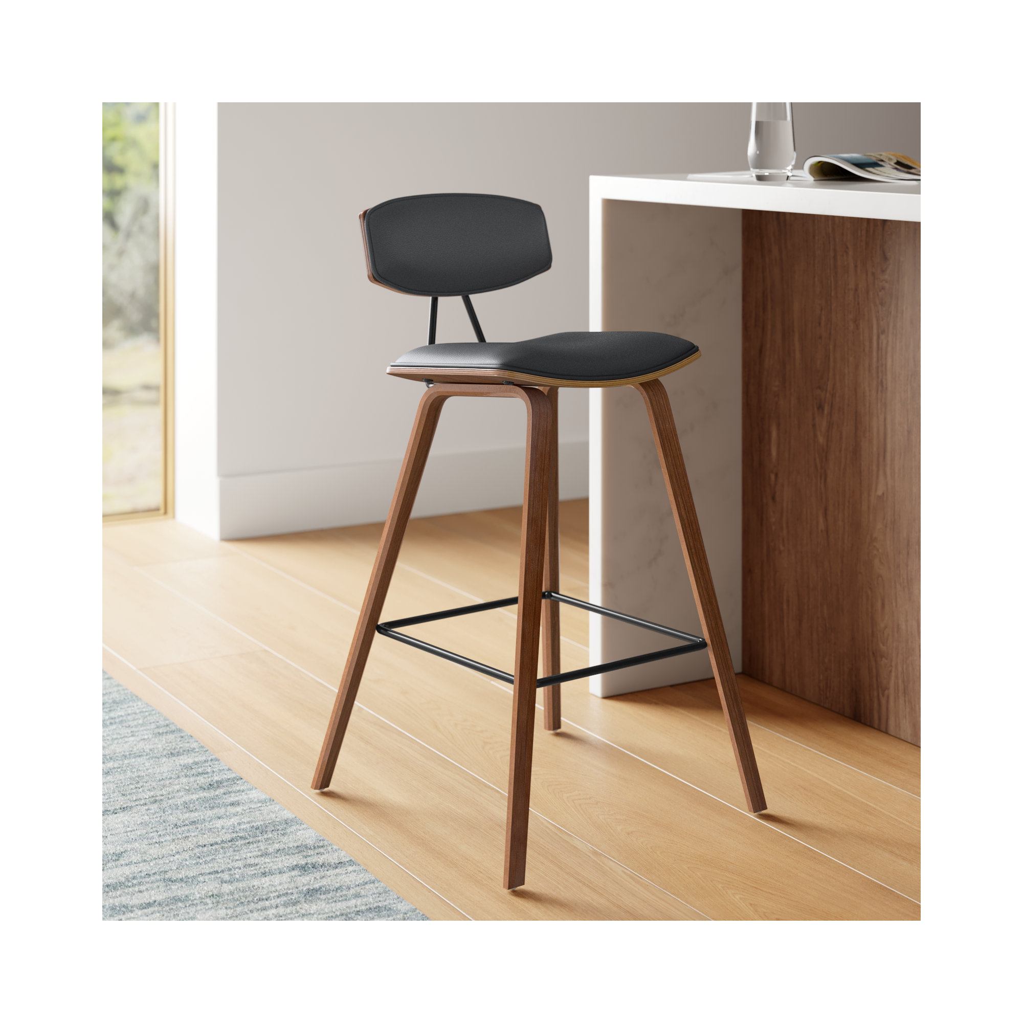 Payton Vegan Leather Bar & Counter Stool, Walnut, Bar Stool (29" Seat Height), Gray Faux Leather