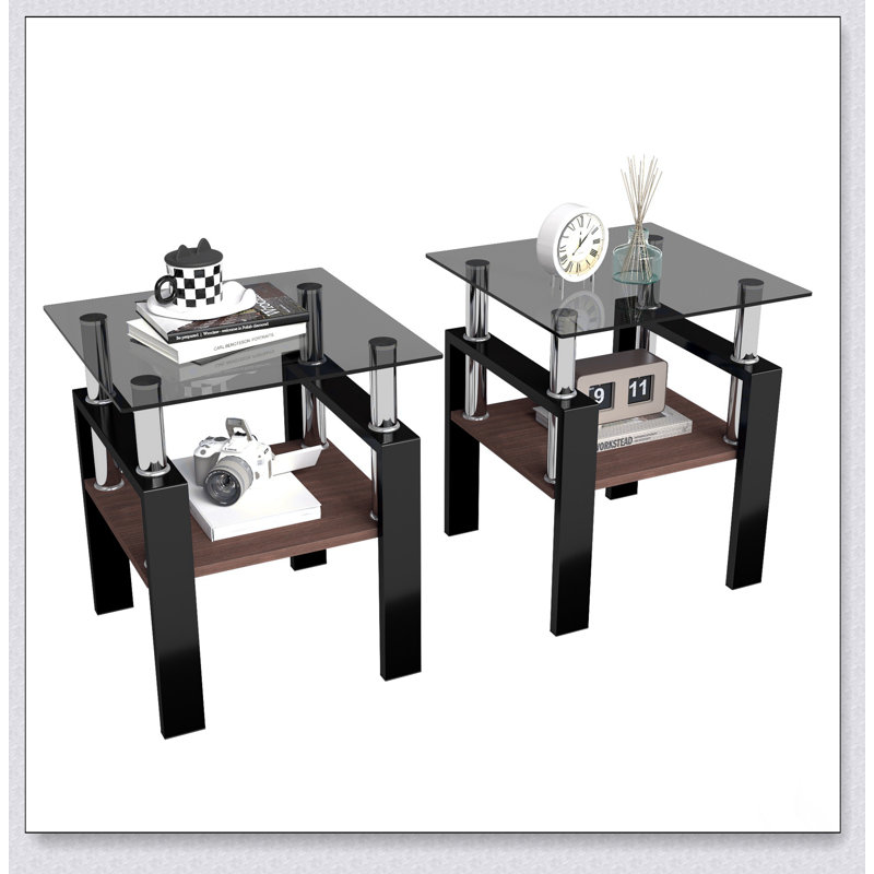 Ensemble de 2 tables basses et tables de bout modernes en verre trempé, durables et élégantes avec couche de panneau de fibres à densité moyenne pour un rangement supplémentaire