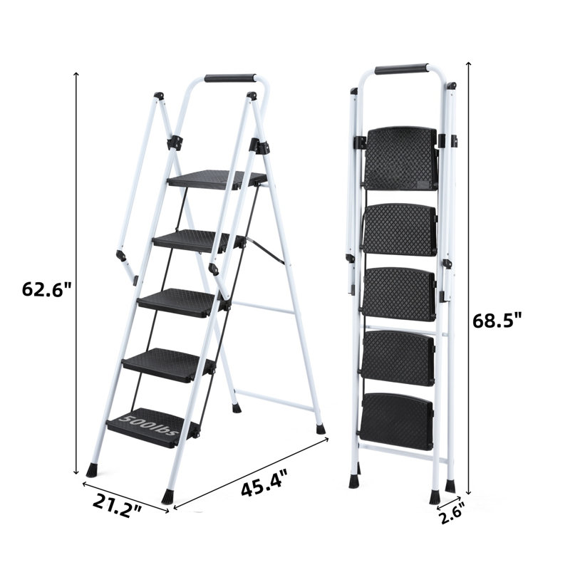 Tabouret en acier portable à 5 marches - capacité légère de 300 lb, pédales larges antidérapantes et poignée de sécurité