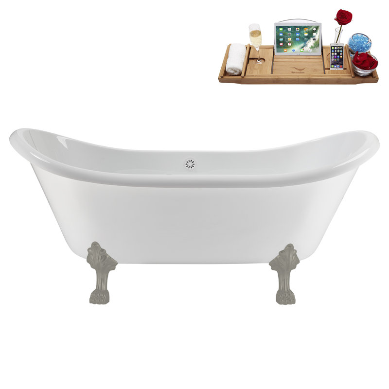 71" Streamline Clawfoot Tub,Tray,Drain and Clawfeet, Brushed Gun Metal, Glossy White