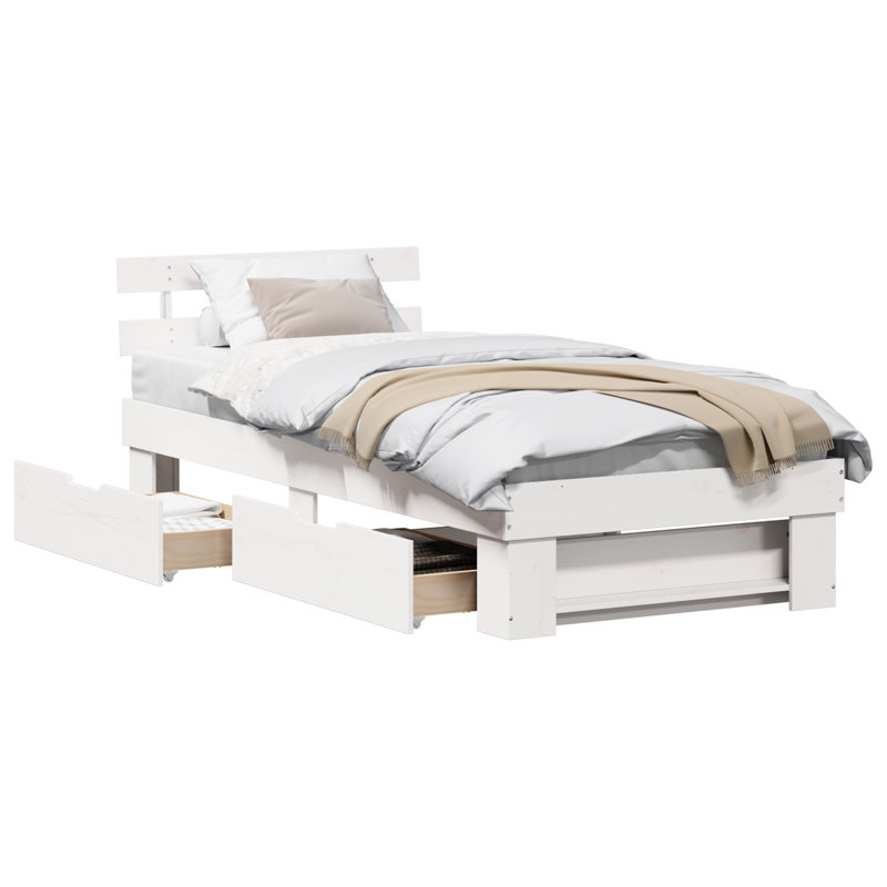  With Drawer With Headboard With Storage Solid Pine Wood, White, European Single (90 x 200 cm)
