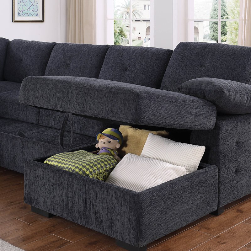 Upholstered Corner Sectional With Pull Out Loveseat And Storaged Chaise, Dark Gray