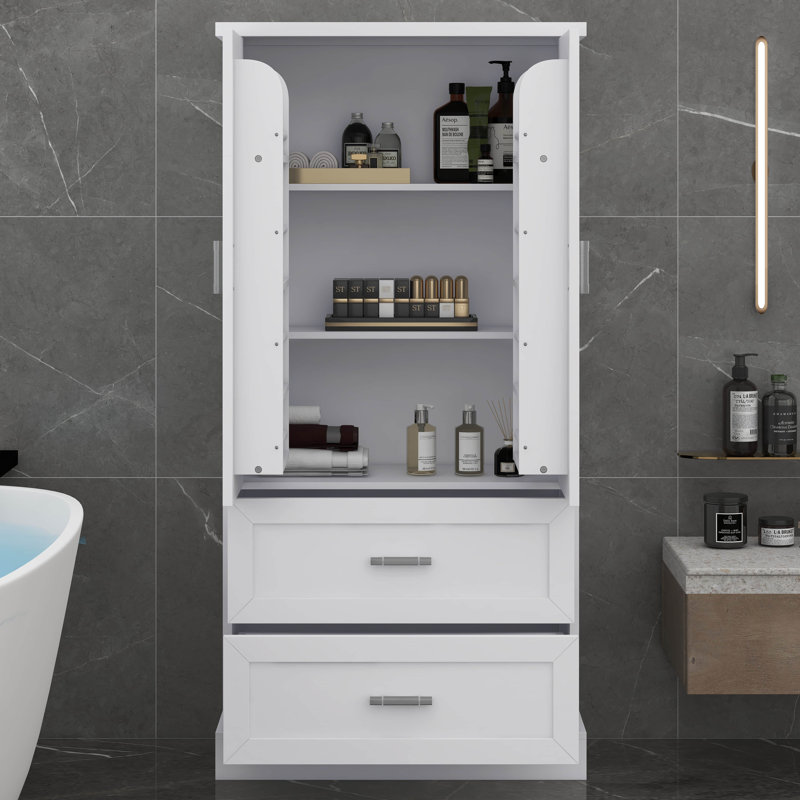 Tall Storage Cabinet, Bathroom Floor Freestanding Storage Cabinet With 2 Doors, 2 Drawers, And Adjustable Shelf, White
