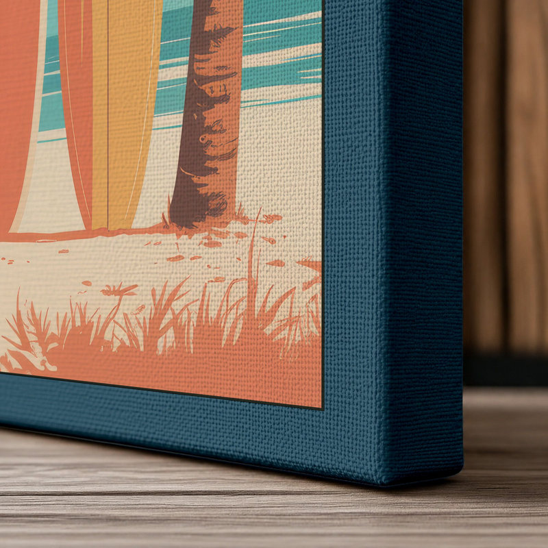 Surfboards at Sunset Coastal - Wrapped Canvas, 36x24 - 91.4 x 61.0 cm, Teal Border