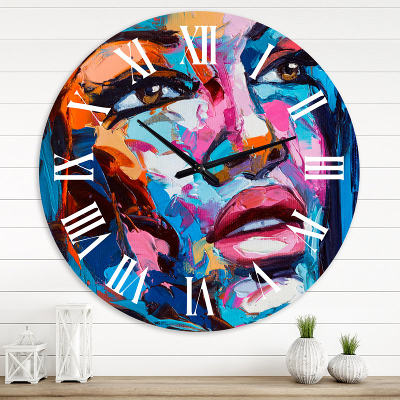 Fantaisie colorée, portrait d'une jeune femme III - horloge murale moderne, Moyenne