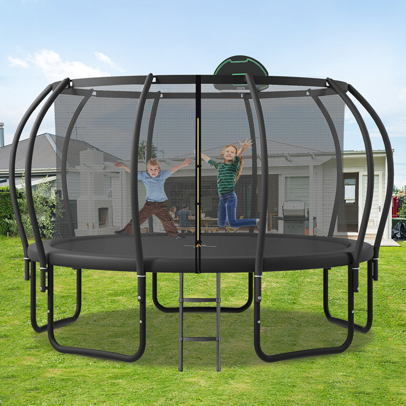 12FT Trampoline For Kids With Upgraded Arcpole And Composite Toploop For Safety Enclosure, Plus Basketball Board And 10 Ground Stakes