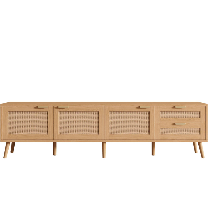 Meuble télé 70 po avec portes en rotin pour téléviseur de 80 po ou moins, console multimédia avec espace de rangement, 2 tiroirs et trous pour câbles, centre de divertissement pour le salon