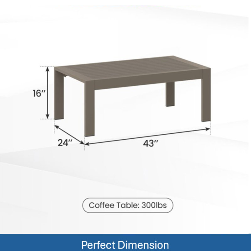 Table basse d'extérieur 43 po moderne toutes saisons, table de patio robuste en métal d'aspect bois, Kaki