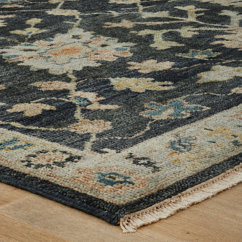Amaris Charcoal Ivory Hand-Knotted Wool Area Rug, Rectangle 2' x 3'