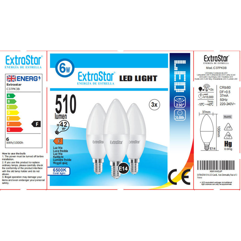 3-Pack 6W E14 LED Light Bulbs,6500K
