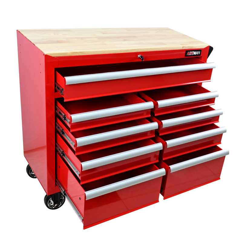 9 DRAWERS MULTIFUNCTIONAL TOOL CART WITH WHEELS AND WOODEN TOP