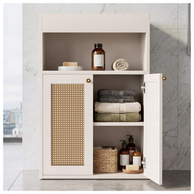 Armoire de rangement de salle de bain avec portes en rotin OMCHOM, organisateur de meuble-lavabo autoportant blanc