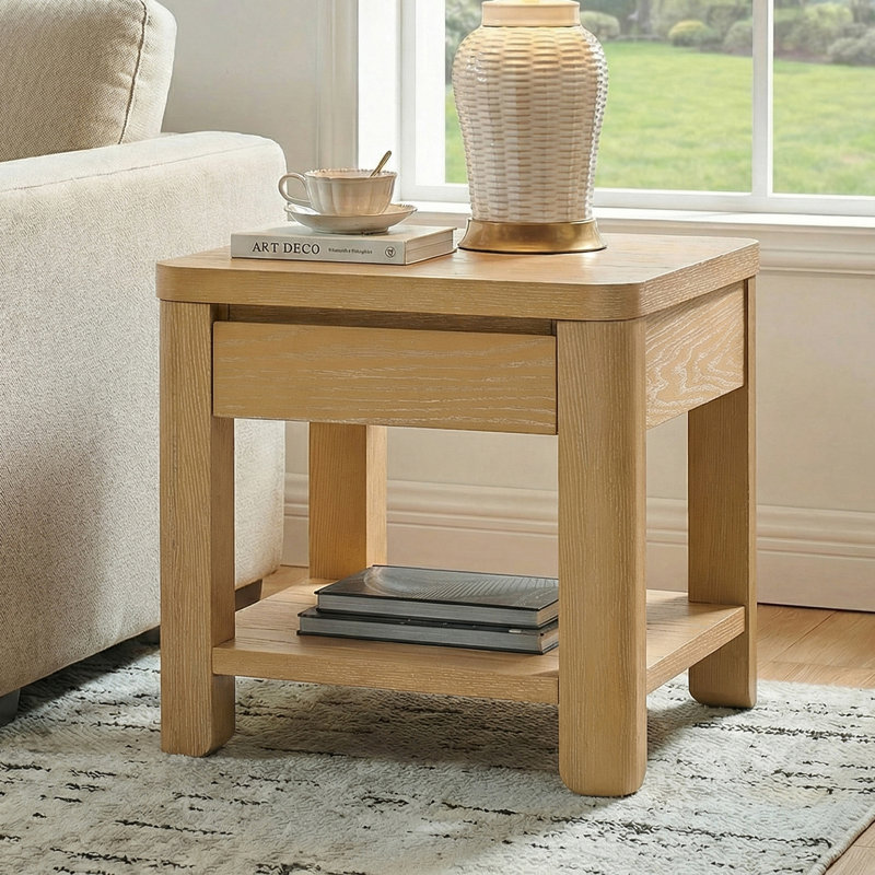 Waynesville 21.75"H Modern Farmhouse Solid Wood Legs End Table with Drawer and Charging Station, Natural
