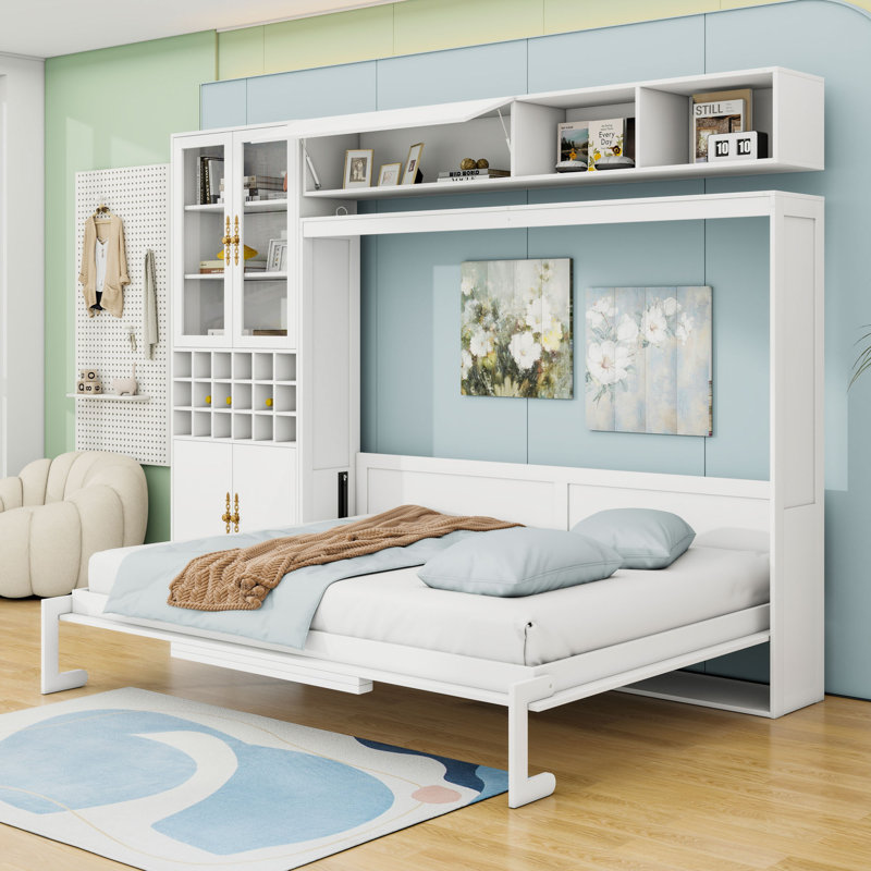 Lit escamotable en bois avec canapé et tablettes, USB et lumière, Double, Blanc