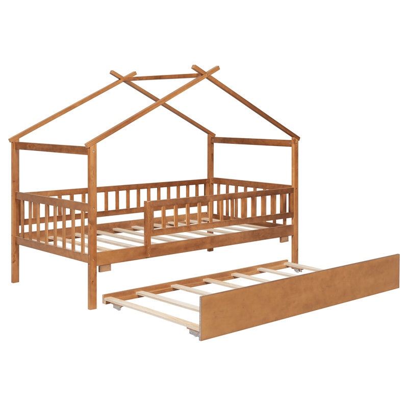 Zhayne Wooden House Bed with Trundle, Twin, Walnut