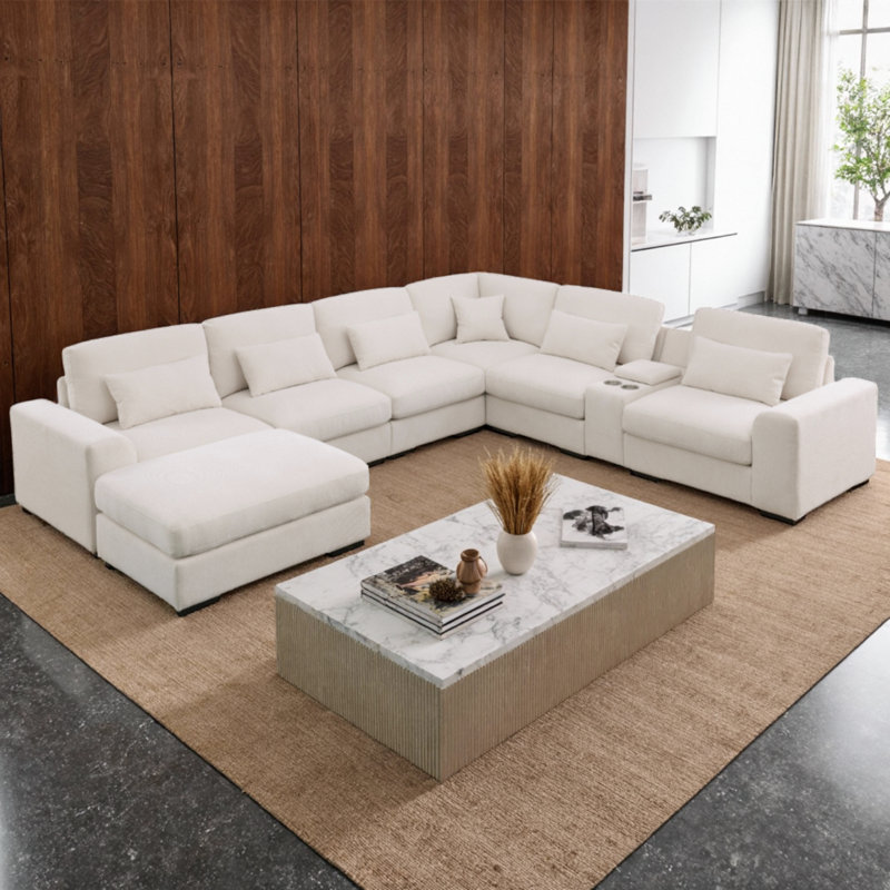 Canapé modulaire en L de 146 po avec repose-pieds mobile et 6 coussins décoratifs en L de 146 po, canapé rembourré en chenille 7 places avec porte-gobelet 2, port USB et boîte de rangement cachée, combinaison de bricolage, pour le salon