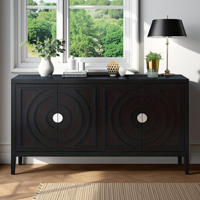 Buffet rétro à 4 portes - Conception à rainure circulaire avec poignées rondes en métal, tablettes réglables (3 hauteurs), bois d'hévéa / bois d'acacia / MDF, 4 couleurs (bleu antique / gris / blanc / noir) pour l'entrée / la salle à manger / le salon / cuisine