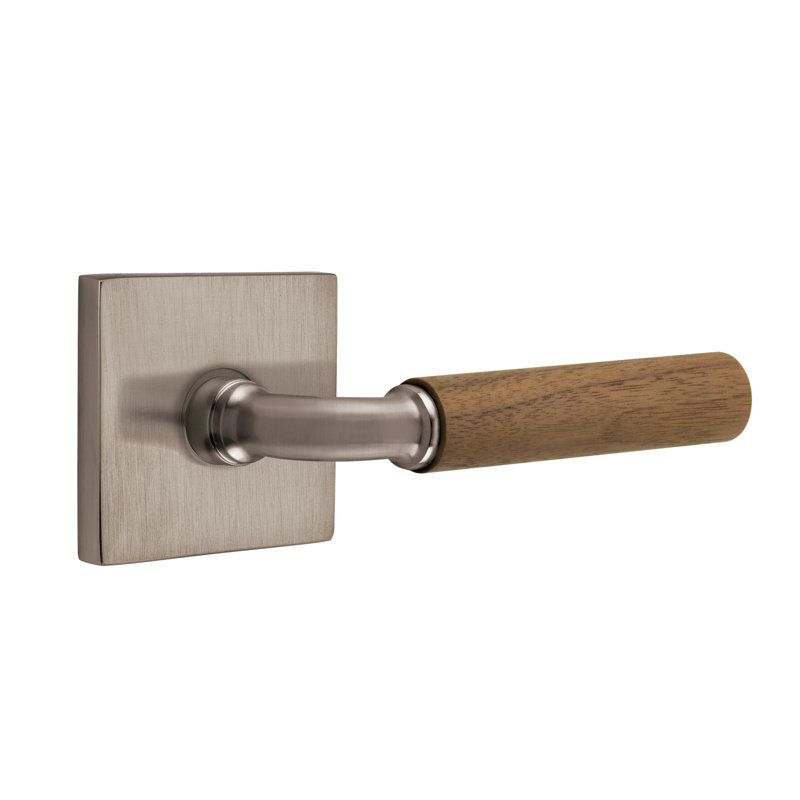 Ensemble de leviers de passage Emtek Select avec rosette carrée et tige R-Bar, poignée en noyer foncé, Gauche, Étain