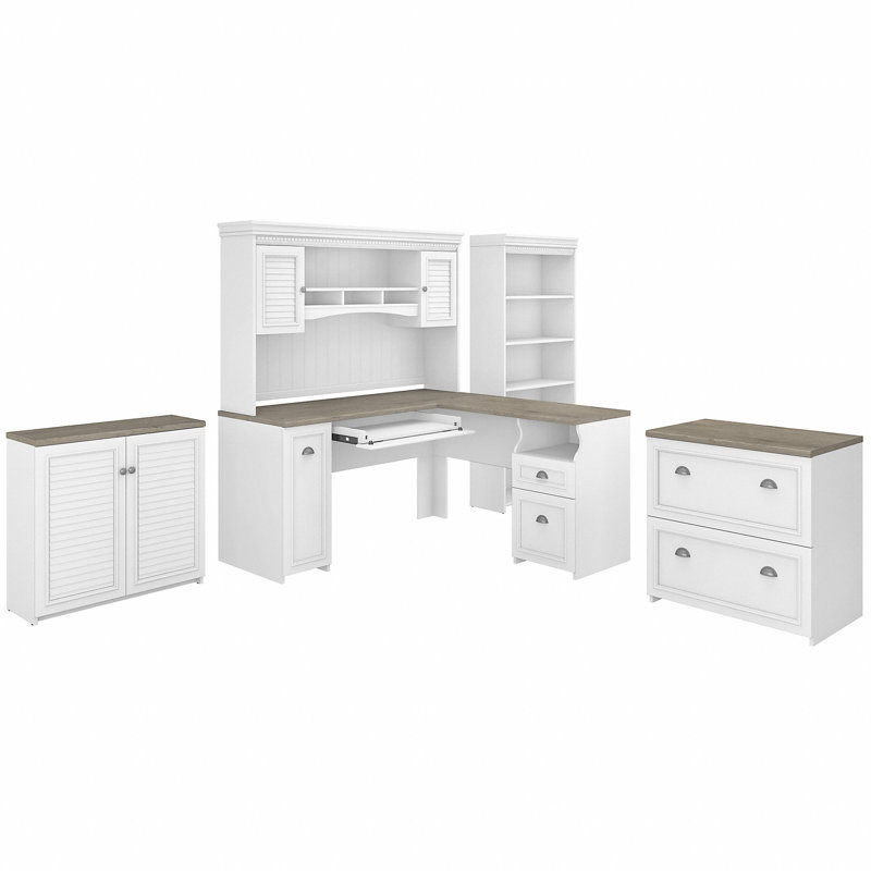 Huckins 4 Piece Computer Desk Office Set, Shiplap Gray/Pure White