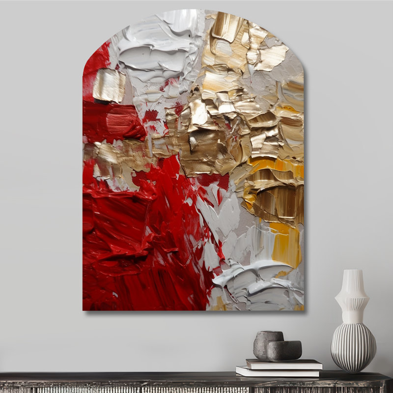 Cardinal Sin Retro Delight, abstrait rouge et or - art mural abstrait en forme d'arche, H 34 po x l 25 po