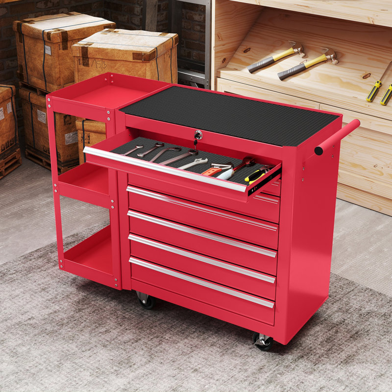 Coffre à outils à 7 tiroirs avec tablette latérale, boîte à outils verrouillable, rouge