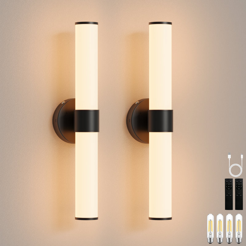 20" Modern Rechargeable Milky Wall Sconces With Remote & Bulbs (Set of 2), Matte Black