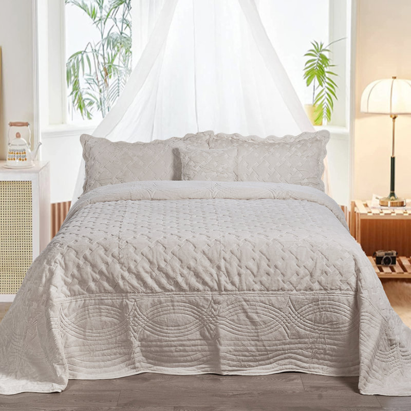 4 Piece Tatami Quilted Faux Fur Set, King Coverlet + 3 Additional Pieces, Taupe