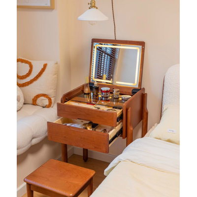 Minimalist Solid Wood Flip-Top Vanity Table with LED Mirror for Small Bedrooms