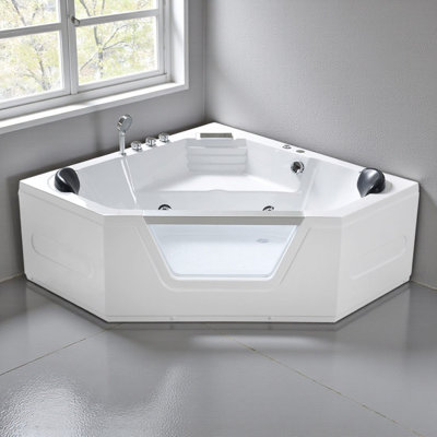 Baignoire tourbillon d'angle blanche à 2 places avec 10 jets et panneau avant en verre 59 po x 59 po MARBELLA