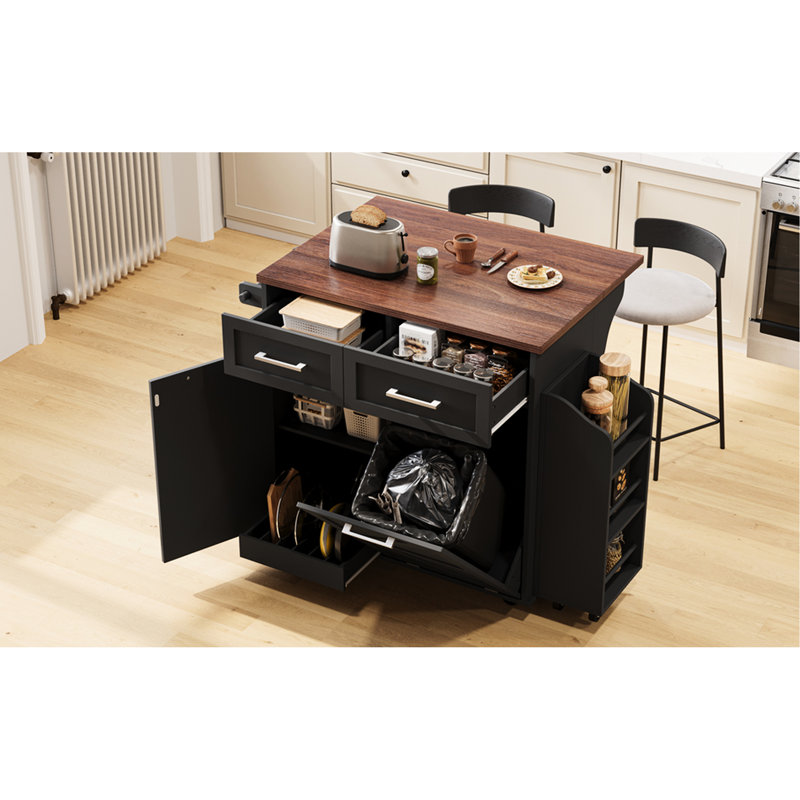 Kitchen Island With Drop Leaf, 2 Deep Drawers, Storage Cabinets, And 3 Shelf For Dining Room Island, Pot, Black