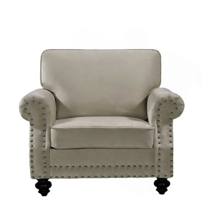 Classic Nailhead Trim Velvet Accent Chair with Solid Wood Turned Legs, Traditional Upholstered Armchair for Living Room