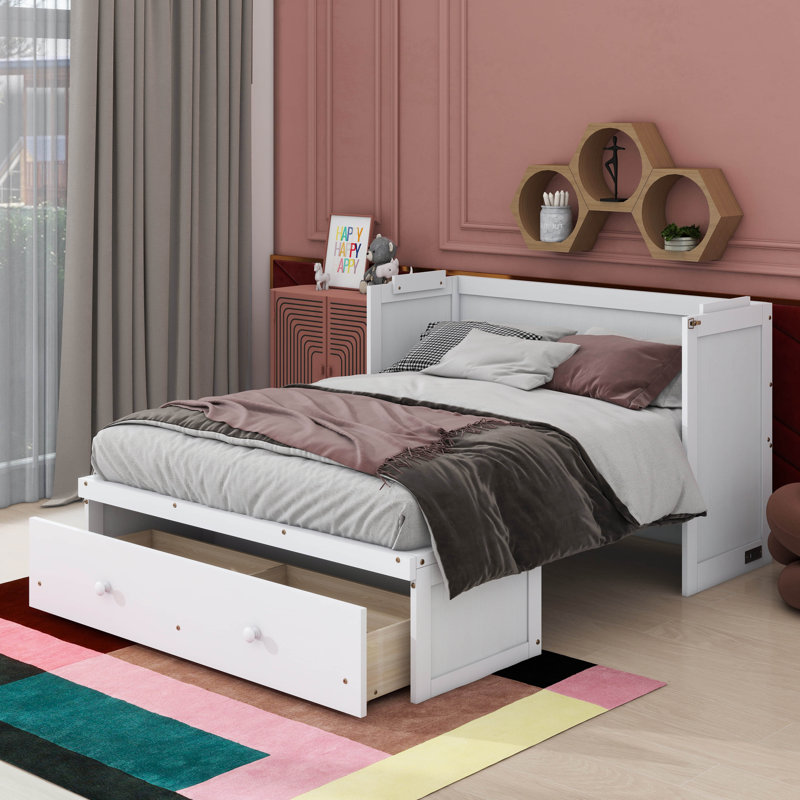 Lit escamotable avec port USB et tiroir, Blanc, Lit double