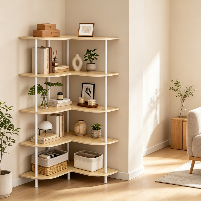 Corner Shelf, 5-Tier Corner Storage Shelf, Adjustable Corner Bracket, Tall Corner Shelving Unit, Natural