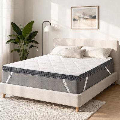 Surmatelas de 3 pouces avec dessus matelassé blanc, côtés en filet gris respirant, fermeté moyenne, housse amovible et lavable