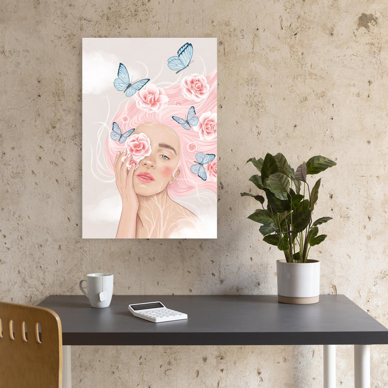 Floral Fantasy Woman Abstract Contemporary Butterfly Rose Flower Portrait Wall Art Print by Petra Holikova - Print