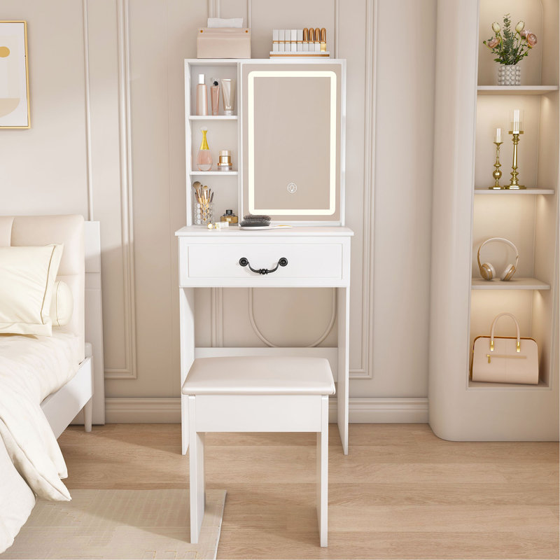 Mini coiffeuse moderne avec miroir éclairé à DEL et rangement dissimulé, tabouret rembourré, bureau de coiffeuse à luminosité réglable, tablettes à l'épreuve de la poussière à plusieurs niveaux