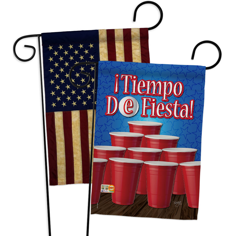 Drapeau de jardin 2 côtés en polyester 19 po x 13 po, "2 pièces itiempo de fiesta" , "à l’heure et boissons"
