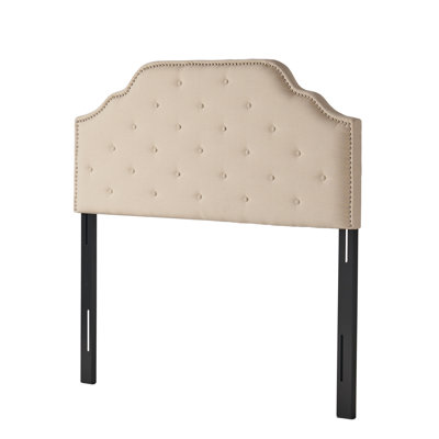 Beige Fabric Queen Size Headboard - Solid Wood Frame & Metal Legs, Adjustable Height With Nailhead Trim