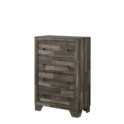 Grande commode rustique à quatre tiroirs au fini gris-brun, parfaite pour le rangement organisé de la chambre à coucher et le décor élégant.
