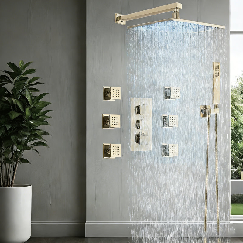 Système de douche à pluie en or brossé à DEL avec 6 jets de corps, douche à main haute pression et valve thermostatique