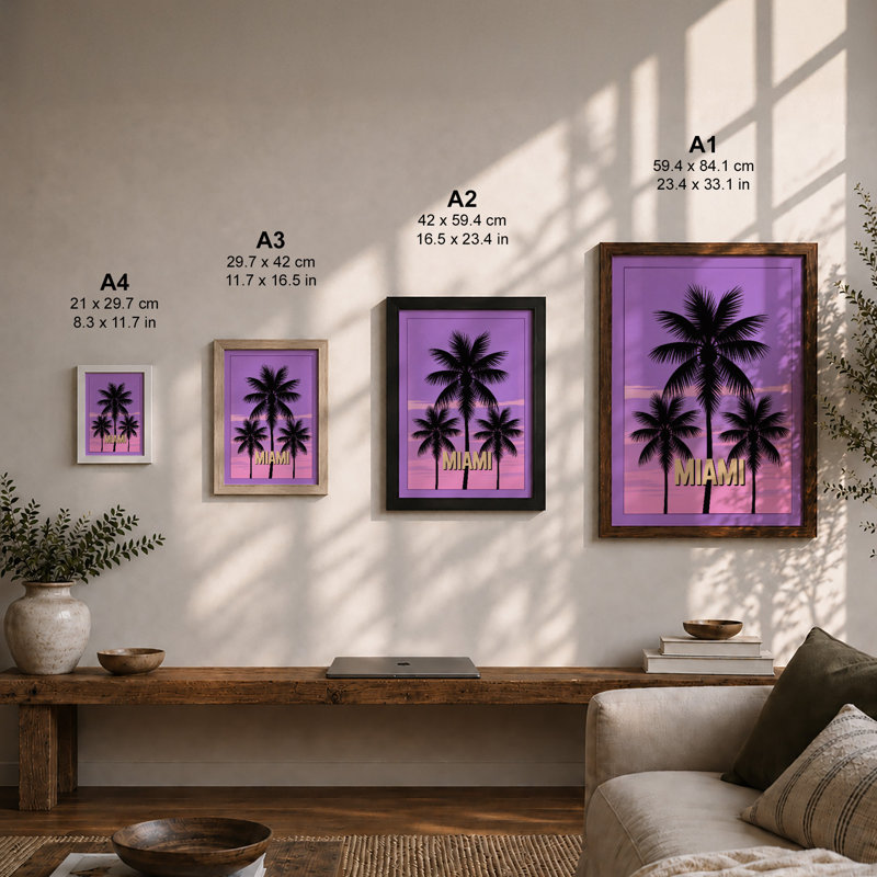 Miami Palms At Twilight Retro - Print, A4 - 29.7 x 21.0 cm, Walnut