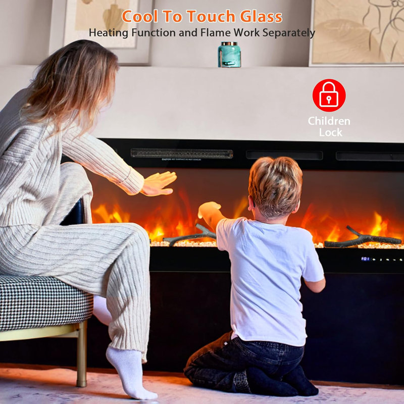 Foyer électrique 72 po 72 po, foyer linéaire encastré / mural avec Wi-Fi et télécommande, effet de flamme multicolore, chauffage 750 W / 1500 W, avec bûches et décor en cristal