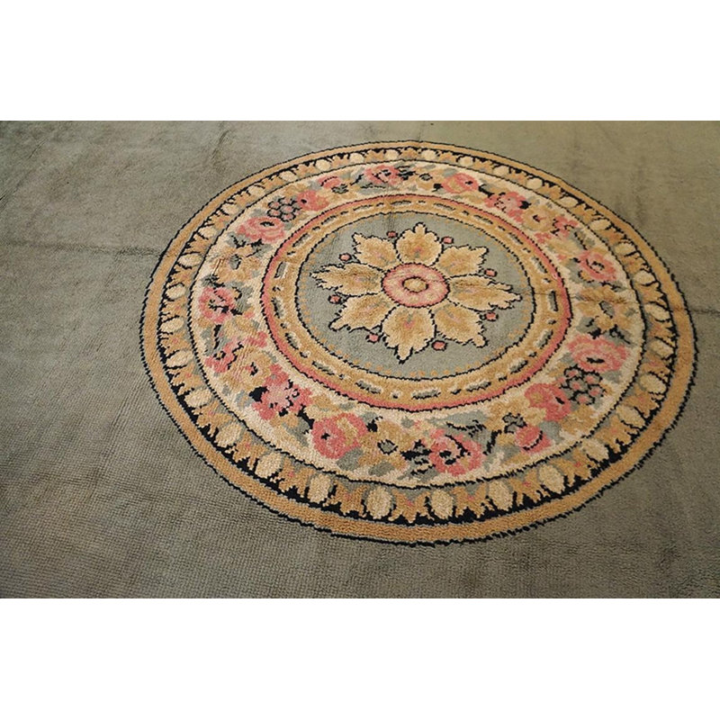 1900s Green Asparagus Medallion Antique Irish Donegal Arts & Crafts Rug Knotted Wool Carpet 12'8" x 18'0" Area Rug