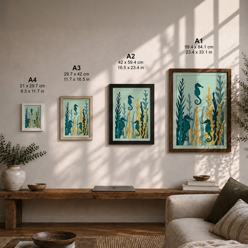 Seahorses in Seagrass Coastal - Framed Print, A1 - 84.1 x 59.4 cm, Oak