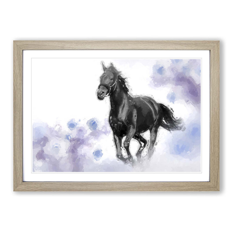 Wild Black Horse in Abstract - Picture Frame Graphic Art Print, 35cm H x 50cm W x 2cm D, Oak