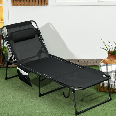 Chaise longue pliante avec dossier inclinable à 5 niveaux, fauteuil de bronzage extérieur avec trou pour le visage de lecture, chaise longue extérieure avec poche latérale et appui-tête pour la plage, la cour, le patio, le noir