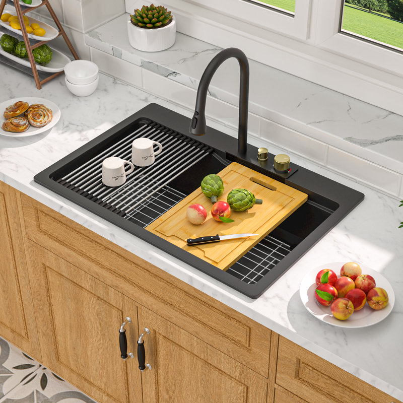 Évier de cuisine en quartz avec station de travail à cuve simple encastrable en quartz avec accessoires L 33 po x l 22 po Quartz