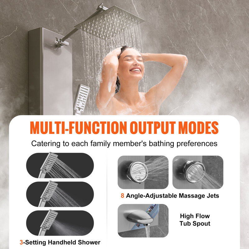 Système de panneau de douche, 5 modes de douche, tour de panneau de douche à affichage numérique, pluie, 8 jets de massage, bec de baignoire, pomme de douche à main à 3 réglages, boyau de 59 po, ensemble de douche mural en acier inoxydable