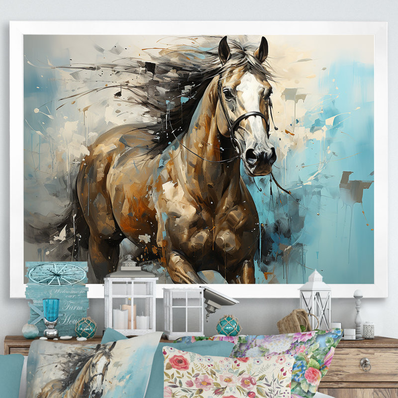 Cheval galopant fantaisiste - cheval, art mural, Cadre simple blanc, H 24 po x l 32 po x P 1 po