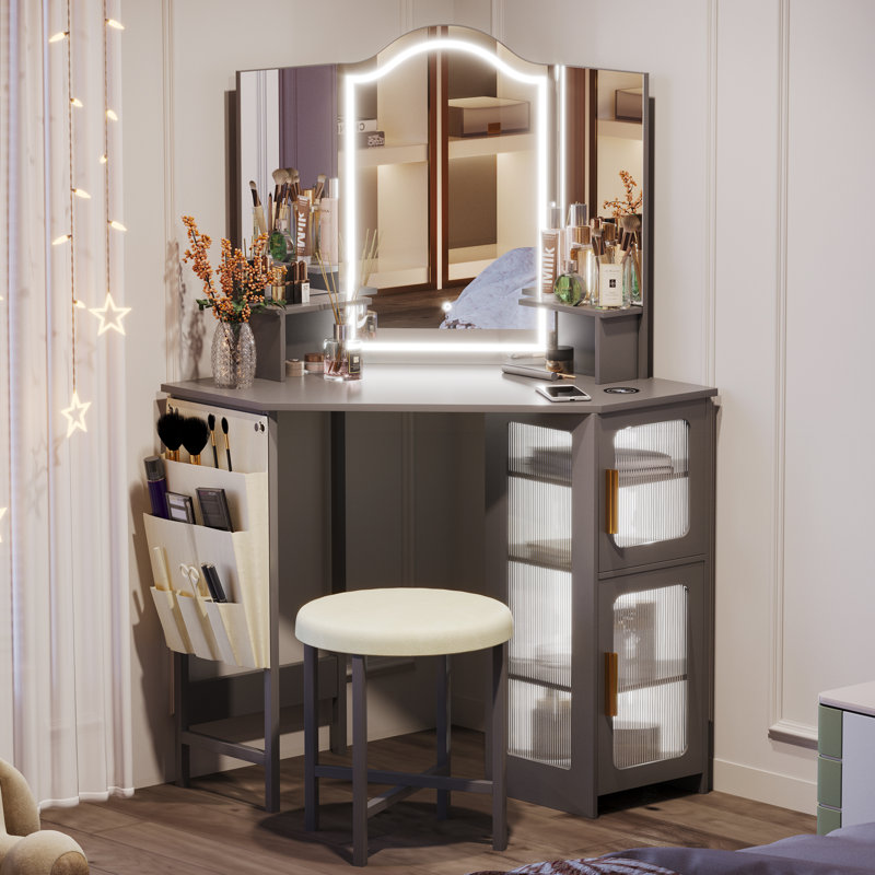 Dressing Table with Motion Sensor 3-colour lighting, Charging Socket and Stool, Grey